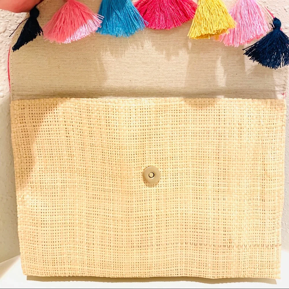 Imoshion Straw Natural Multicolored Tassels Clutch NWT